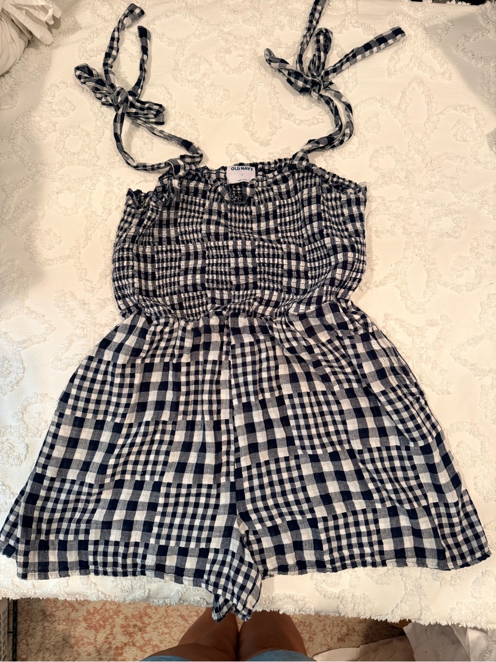 Old Navy Black & White Gingham Tie-Shoulder Romper